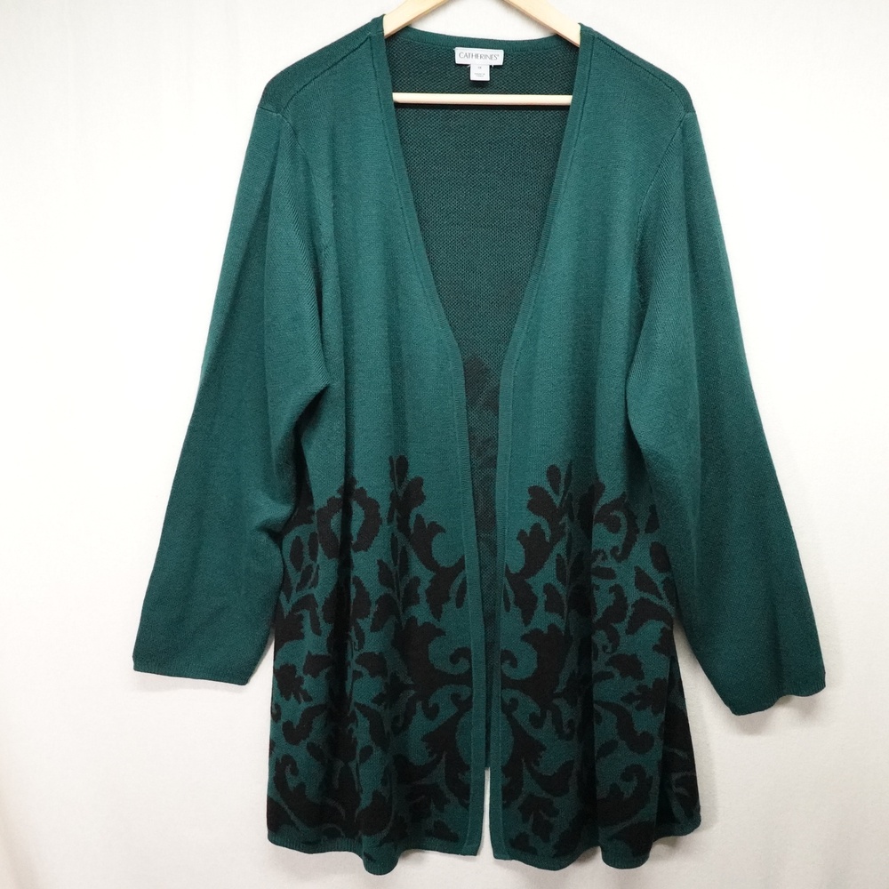 Catherines Cardigan Sweater 1X Green Floral Open Front Knit Damask